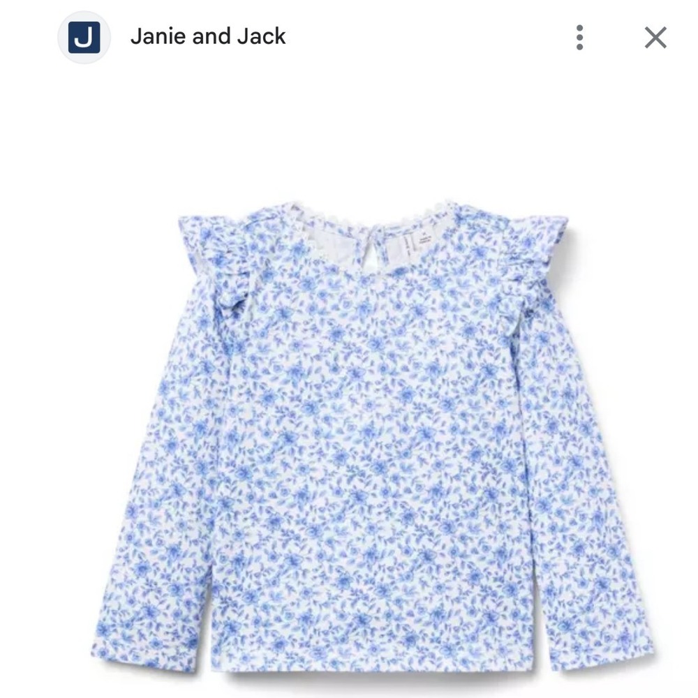 Janie and Jack Girls Blue Ditsy Floral Ruffle Shoulder Long Sleeve Top Sz 12 NWT